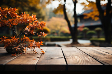 Empty wooden table with autumn background. AI generative