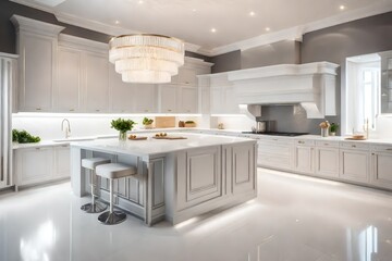  high end luxury kitchen with silver and white accents, in the style of soft pastel tones, realistic lighting - obrazy, fototapety, plakaty