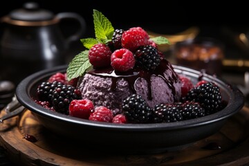Scrumptious homemade berry dessert with decadent chocolate and beautiful decorative garnish