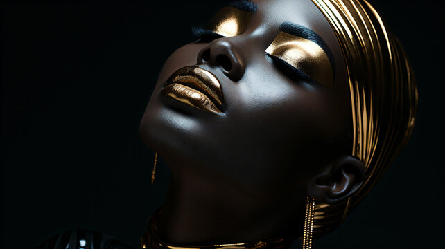 portrait of a black woman with decorative minimal gold parts on a black background