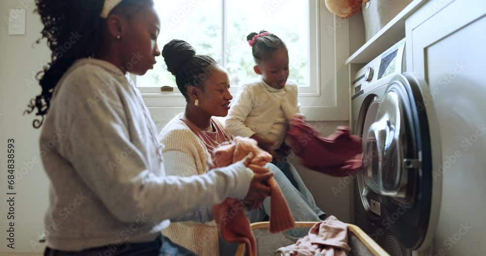 Wall mural Laundry, washing machine and a woman in the home with her kids for spring cleaning or housework together. Black family, a mother and children in a washroom for a housekeeping or chores routine