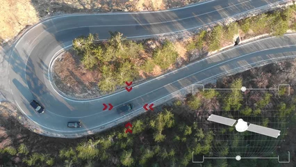 Foto op Plexiglas AI assistance, crime tracking car, satellite identifying target. Graphics © Crovik Media