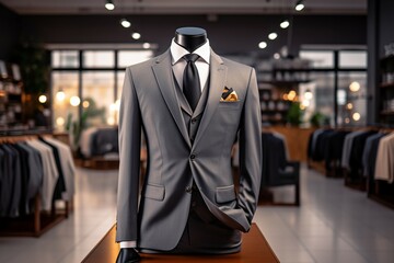 Clothing store ambiance Luxurious mens suit sophisticated store - obrazy, fototapety, plakaty