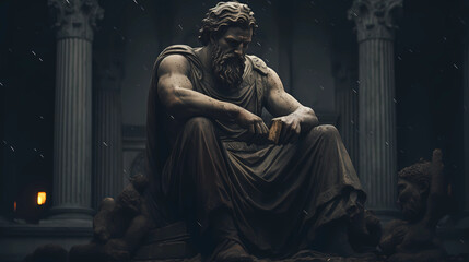 Greek philosopher in the form of a robust Greek statue sitting in a Greek palace. - obrazy, fototapety, plakaty