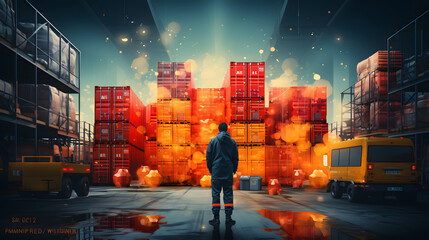 Hazardous substance concept safety officer pointing on explosives icon dangerous goods group store in chemicals to separate storage area for cargo shipping - obrazy, fototapety, plakaty