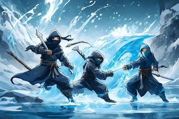 ninjas fighting with 2 elemental powers(water and ice) - obrazy, fototapety, plakaty