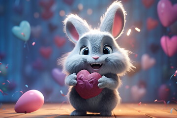 Valentine's day card with Kawaii bunny. Rabbit cartoon collection. Small lovely rabbit holds love heart