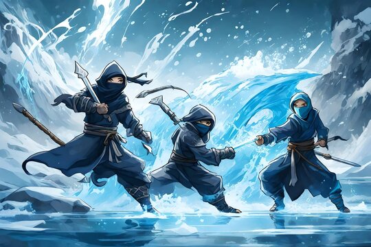 ninjas fighting with 2 elemental powers(water and ice)