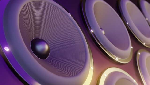 Powerful audio speakers pulsating and plays loud club music. Disco party with high level volume music and rhythmic progressive electronic beats. Membrane of the speakers is vibrating, 3d render.