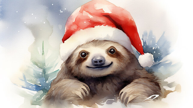 Watercolor painting of happy adorable baby sloth wearing Santa hat for christmas festival.