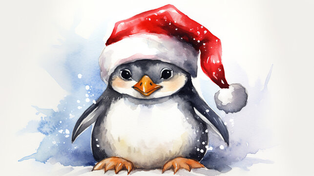 Watercolor painting of happy adorable baby penguin wearing Santa hat for christmas festival.