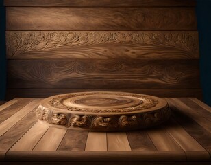 Wooden display table with carvings for product placement and design, wood wall backdrop