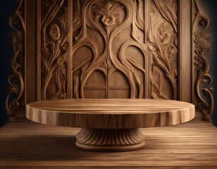 Wooden display round table for product placement and design, art deco wall backdrop with carvings