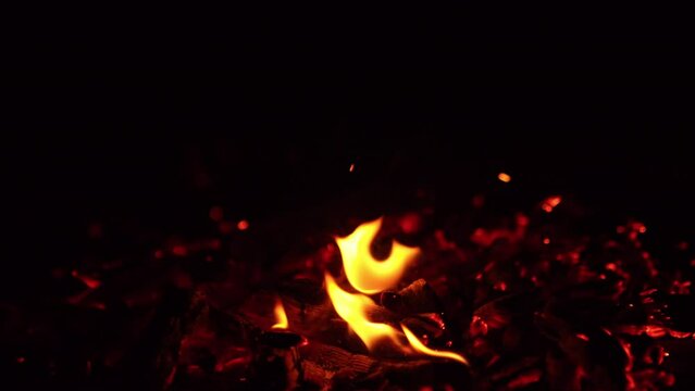 Embers of bonfire are burning out. Close up. Hitting beautiful charcoals smoldering in campfire and tiny sparks go up.