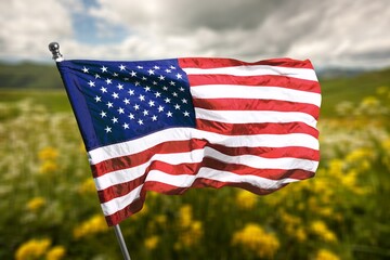 American flag wave over a flowers field.