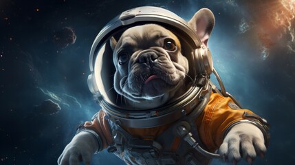 French bulldog puppy in spacesuit exploring the depths of space