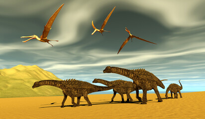 Ampelosaurus and Anhanguera Pterosaurs - An Ampelosaurus dinosaur herd cross a beach during the Cretaceous Period as Anhanguera Pterosaurs fly overhead. © Catmando