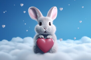 Valentine's day card with Kawaii bunny. Rabbit cartoon collection. Small lovely rabbit holds love heart