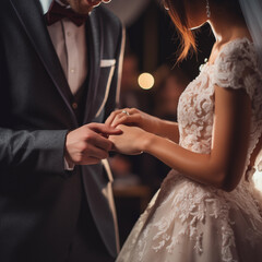 Obraz na płótnie Canvas Close up Groom Put the Wedding Ring on bride.
