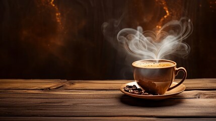 Classic, traditional coffee cup with heart-shaped steam placed on a rustic wooden surface. - Powered by Adobe