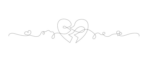 One continuous line drawing of two halves of a heart. Subtle swirls and romantic symbols in a simple linear style. Editable stroke. Minimalistic Doodle vector illustration.
