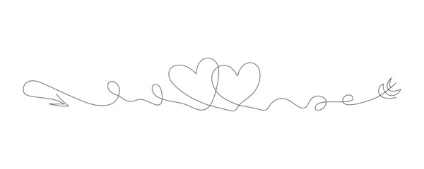 One continuous line drawing of two hearts. Subtle swirls and romantic symbols in a simple linear style. Editable stroke. Minimalistic Doodle vector illustration.