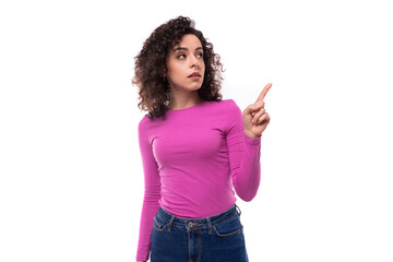 young pretty woman with curls hairstyle on white background
