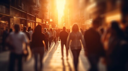 Blurred crowd of unrecognizable at the street at sunset. crowd of people in a shopping street