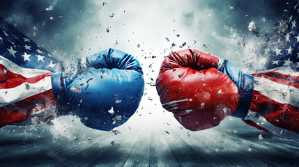 Red versus blue boxing gloves. USA politics background. Republicans vs Democrats debate  - obrazy, fototapety, plakaty