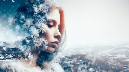 Symbolic profile portrait of a winter girl, double exposure. - obrazy, fototapety, plakaty