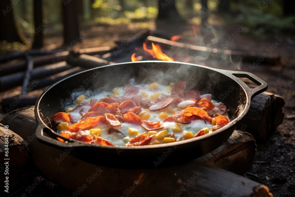 Sticker Camping breakfast with bacon and eggs in a cast iron skillet. Fried eggs with bacon in a pan in the forest. Food at the camp. Scrambled eggs with bacon on fire. 