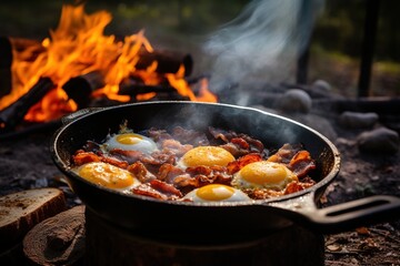 Camping breakfast with bacon and eggs in a cast iron skillet. Fried eggs with bacon in a pan in the forest. Food at the camp. Scrambled eggs with bacon on fire. 