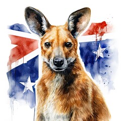 Watercolor illustration kangaroo and Australian flag on Australia National Day
