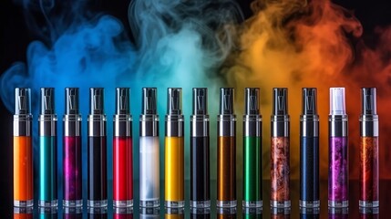 Synthetic nicotine concept. Various disposable electronic cigarettes. modern alternative smoking, vaping and nicotine - obrazy, fototapety, plakaty