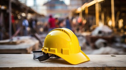 close up of a yellow hard hat, blurred construction site in background commercial photography 