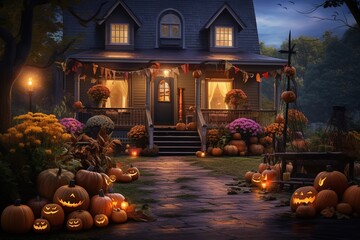Halloween pumpkins and decorations outside a house. Night view of a house with halloween decoration