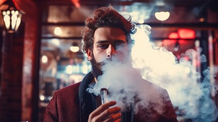 Man using vape or electronic cigarette on smoky background.  - obrazy, fototapety, plakaty