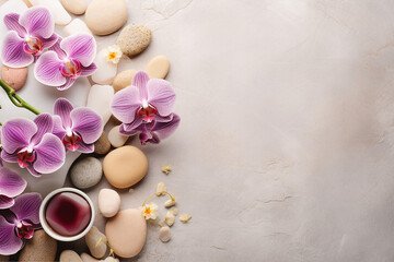 Spa Aromatherapy Background, Flat Lay of Various Beauty Care Products Decorated with Simple Orchid Flowers - Tranquil Wellness Scene - Created with Generative AI Tools
