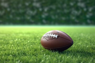American Football Ball on Green Grass Field - Sports Recreation Touchdown Game - Created with Generative AI Tools