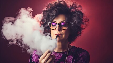Adult woman using vape or electronic cigarette on smoky background.  - obrazy, fototapety, plakaty