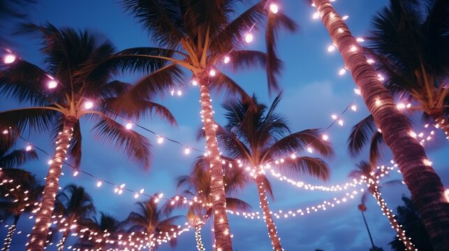 Palm trees decorated with Christmas garland night, fairy lights. lighted coconut by led light bulbs those bind led around the trunk with blue sky on the background