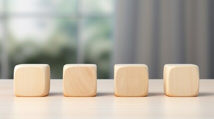 Four blank wooden dices placed in a row.