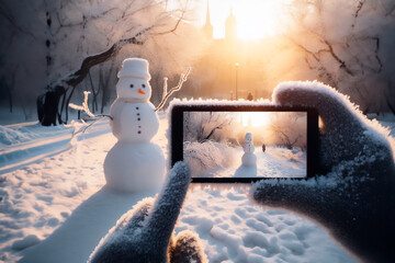 A smartphone in the hands of a tourist taking a photo of a friendly snowman in a city park on a frosty winter day. - obrazy, fototapety, plakaty