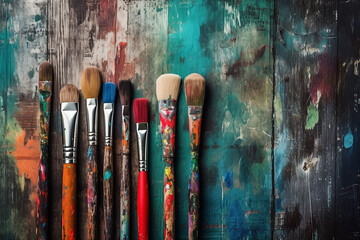 Fototapeta premium Artistic Brushes on Wooden Background - Creative Paintbrushes Crafted on Natural Wood - Created with Generative AI Tools