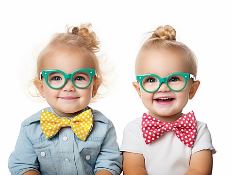 Cute blonde twin sisters toddler girls wearing bright green framed glasses and polka bow tie isolated on white background smiling.