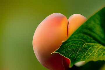close up of a green leaf with peach in background 