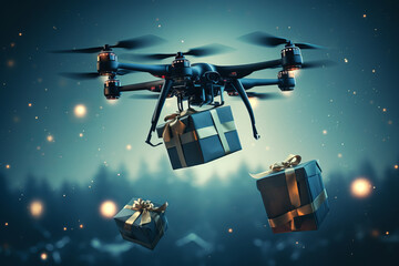 Drone distributing Christmas gifts - obrazy, fototapety, plakaty