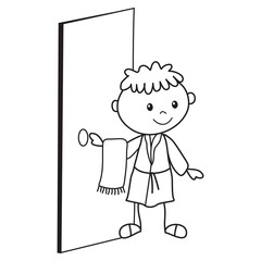 Stick figure  boy with a towel closes the door to the bathroom