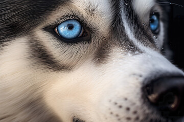 A close up portrait of a husky dog with detailed color eyes