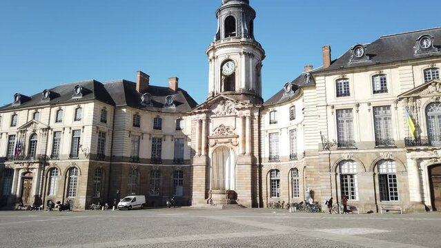 Rennes, France, October 10, 2023: TILT SHOT - Rennes City Hall is the seat of the city council in the French city of Rennes. The baroque building was designed by Jacques Gabriel.